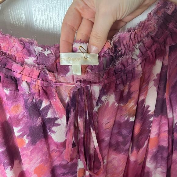 LoveShackFancy Silk Pink Smocked Waist V Neck Frill Popover Floral Mini Dress L - Picture 9 of 10